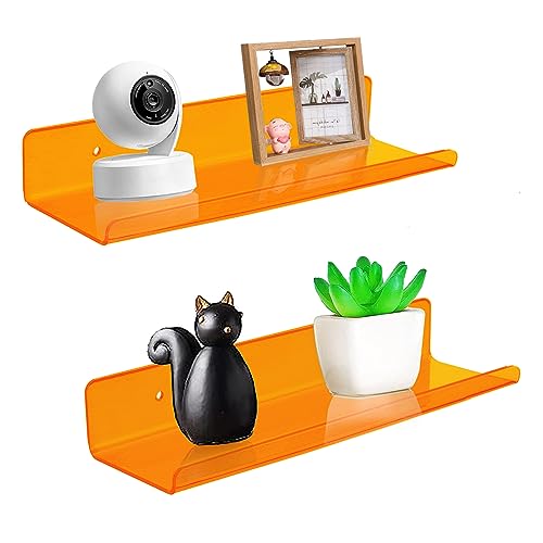 ROYALITA Small Acrylic Shelves Wall Mounted | Set of 2 | 12 Inches | Wall Hanging Plant Display Shelves, Room Decor Floating Wall Shelves for Gaming Room Bedroom, Living Room, Office, Orange - color: Orange, size: 12 Inch