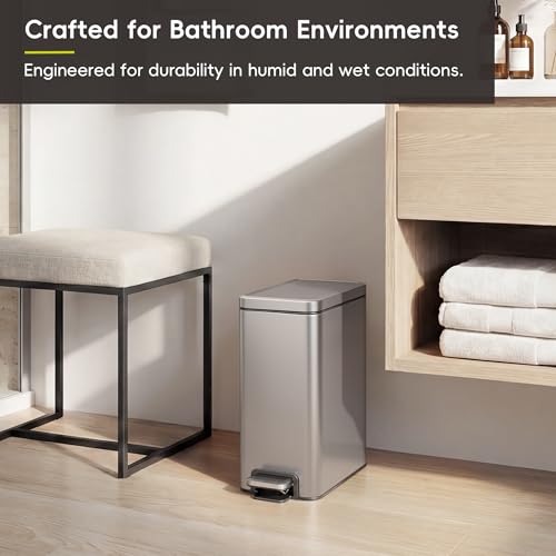 EKO Small Bathroom Trash Can with Lid Soft Close, Step Pedal, 10 Liter / 2.6 Gallon Stainless Steel Garbage Can with Removable Inner Bucket, Anti-Fingerprint Finish (Silver) - color: Stainless Steel, size: 10L
