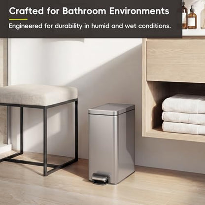 EKO Small Bathroom Trash Can with Lid Soft Close, Step Pedal, 10 Liter / 2.6 Gallon Stainless Steel Garbage Can with Removable Inner Bucket, Anti-Fingerprint Finish (Silver) - color: Stainless Steel, size: 10L
