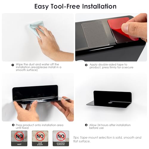 OAPRIRE Acrylic Floating Wall Shelves Set of 2, Damage-Free Expand Wall Space, Small Display Shelf for Smart Speaker/Action Figures with Cable Clips - color: Black