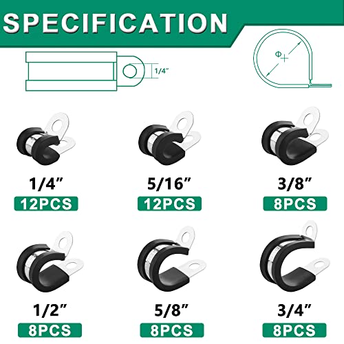 OURU 56PCS Cable Clamps Assortment Kit,6 Sizes—1/4" 5/16" 3/8" 1/2" 5/8" 3/4" Stainless Steel Rubber Coated Cushioned Insulated Cable Clamp,Automotive Cable Wire Clamps,Pipe Clamps,Metal Clamp - size: 56pcs - 1/4", 5/16", 3/8", 1/2", 5/8", 3/4"