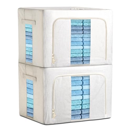 Foldable Clothes Storage Bins with Solid core powder-coated steel fram, 24/ 66L Storage Bags Fabric Box Organizer with Clear Window Zippers Sturdy Handles 2 Pack (Beige, 66L 2Pack) - size: 66L 2Pack