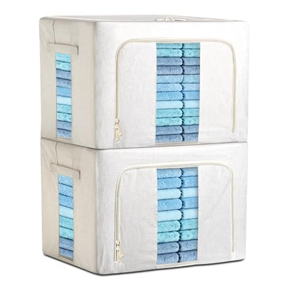 Foldable Clothes Storage Bins with Solid core powder-coated steel fram, 24/ 66L Storage Bags Fabric Box Organizer with Clear Window Zippers Sturdy Handles 2 Pack (Beige, 66L 2Pack) - size: 66L 2Pack