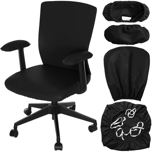 Tallew 4 Pcs Office Chair Covers PU Leather Office Desk Accessories Universal Computer Chairs Cover Stretchable Protective Chair Seat Covers Desk Armrest Cover Slipcovers Rotating Backrest (Black) - color: Black