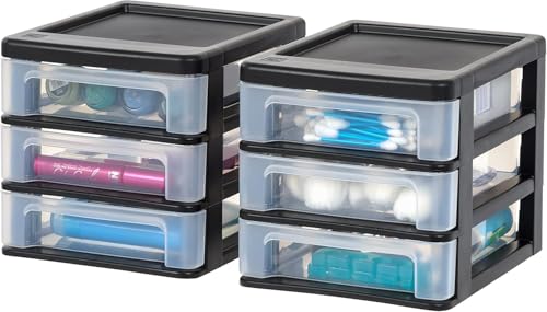 IRIS USA Plastic Stacking Desk Top 3-Drawer Storage Organizer, 2-Pack, for Makeup Vanity Nail Polish Bathroom Stationery Art Craft Supplies Kitchen Office Garage and Small Organization, Small, Black - color: Black, style: Small - 2 Pack