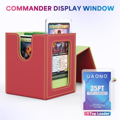 UAONO Card Deck Box for MTG Commander, Independent Commander Display, Fits 100 Double-Sleeved Cards, Magnetic Deck Case for Magic the Gathering TCG, 2 Dividers & 1 Top Loader (Red/Green) - color: A-Red&Lime Green