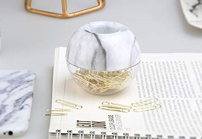 Magnetic Paper Clip Holder, Marble White holder with Gold PaperClips 100pcs 28mm(1.1") Cute Office Supplies for Desk Organizer - color: Marble