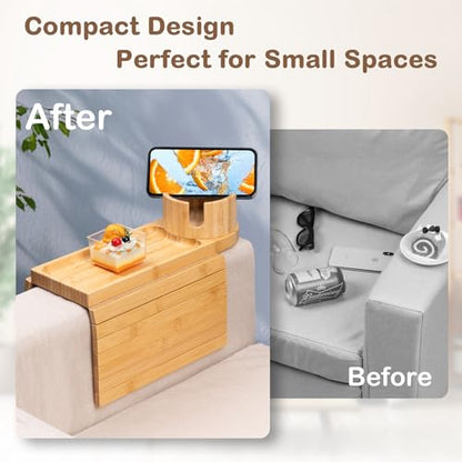 Couch Cup Holder Tray for Armrests Over 4.9" Wide, Bamboo Couch Arm Tray with 360° Rotating Phone Stand, 3 in 1 Foldable Sofa Arm Tray Table for Remote, Snacks, Phone, Drinks Natural - color: Natural Colors+bamboo