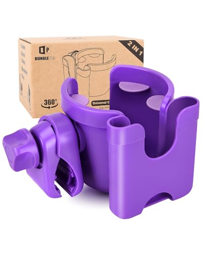 Universal Stroller Cup Holder with Mobile Phone Case, 2-in-1 Strollers Storage Rack, 360 Degrees Rotation Drink Holder for Bike, Pushchair, Wheelchair, Walker,Bicycle, Fits Most Cups (Purple) - color: PURPLE