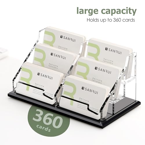 SANRUI Black Business Card Holder for Desk 6 Slot , Clear Acrylic Horizontal Name Card Stand for Women and Men, Desktop Organizer Display for Office Home Exhibition - 360 Card Capacity 1 Pack