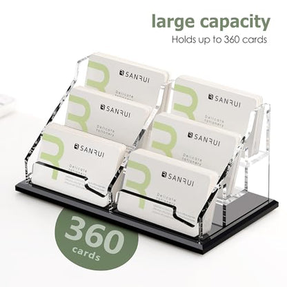 SANRUI Black Business Card Holder for Desk 6 Slot , Clear Acrylic Horizontal Name Card Stand for Women and Men, Desktop Organizer Display for Office Home Exhibition - 360 Card Capacity 1 Pack