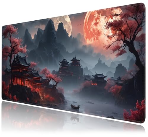 Desk Mat, Japanese Full Moon XXL 35.4"x15.7"Large Gaming Mouse Pad, 3mm Thick Gaming Keyboard Pad,Desk Pad Non-Slip Rubber Base with Stitched Edges for Office Game Home Decor - color: Japanese Full Moon