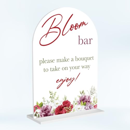 Bloom Flower Bar Sign for Wedding Bridal Shower Bouquet Bar Decor Sign Stuff Acrylic Wedding Welcome Arch Table Signs for Ceremony and Reception 7 x 5 Inches - color: Bloom