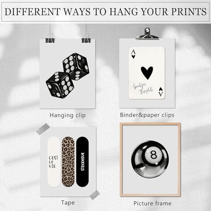 YUISLE Trendy Black and White Wall Art Posters, Leopard Preppy Room Decor, Aesthetic Dice Poster Prints for Teen Girl's Dorm Bedroom, 8x10 Inch, 4 PCS(Unframed)