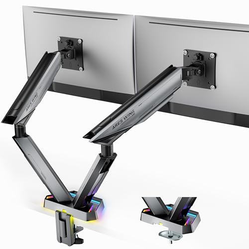 ARES WING RGB Dual Monitor Arm for 17-38" Ultrawide Screens, Holds 35.2lbs, Heavy Duty Dual Monitor Stand for Desk, Adjustable Double Mount with Clamp & Grommet Base, 75/100 VESA Mount, Gray - color: Gray