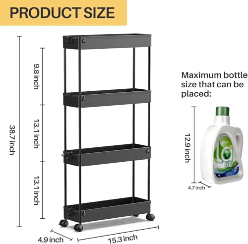 SPACEKEEPER Slim Rolling Storage Cart 4 Tier Bathroom Organizer Cart Mobile Shelving Unit Slide Out Utility Cart for Kitchen, Bthroom, Makeup, Craft, Laundry Narrow Places, Black - color: Black