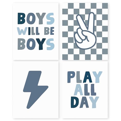 HRQKO Blue Checkered Nursery Decor Prints Set of 4, Room Decor for Boys, Kids Positive Will Be Boys Posters, Wall Decor for Play Room 8"x10" Unframed - color: blue1, size: 8x10