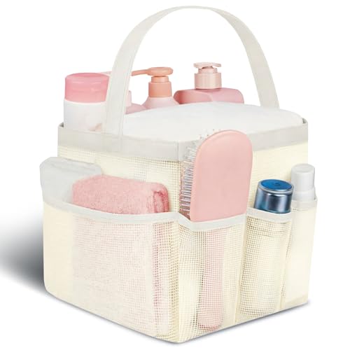 Attmu Mesh Shower Caddy Portable for College Dorm Room Camping Essentials, Shower Caddy Dorm with 9-Pockets, Large Capacity Hanging Basket Bathroom Bag for Toiletry, Swimming, Gym, Camp, Beach - color: beige