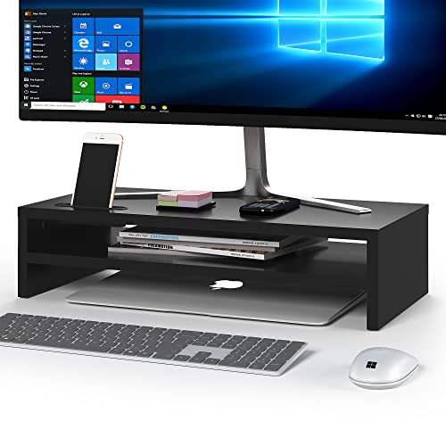 BONTEC Wood Monitor Stand Riser, 2-Tier Desktop Organizer with Storage, Ergonomic Computer Stand for Desk, Cable Management, Cellphone Holder, 21.3 Inch Shelf, Black - color: Black, size: 21.3 Inch