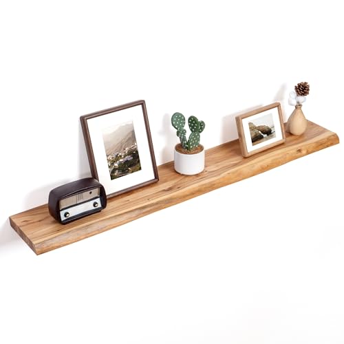 Floating Shelves for Wall Decor, Rustic Solid Elm Wood Live Edge Floating Shelves Wall Mounted, Wall Shelves with Invisible Bracket for Living Room Bathroom Bedroom Kitchen, 48 Inch, Natural - color: Natural, size: Live Edge, 48inch, 1Pack