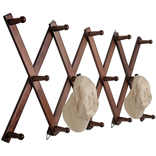 SCUNDA 16 inch High Accordion Wall Hanger with 14 Hooks, Wooden Wall Expandable Coat Rack for Coat, Hats, Baseball Caps, Coffee Mug, Jewelry - color: Brown, size: 14 Hooks