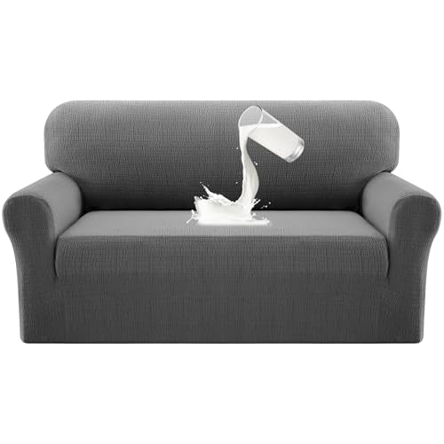 PrinceDeco Waterproof Couch Cover Slipcovers for Sofas,Stretch Jacquard Loveseat Couch Cover for 2 Seat Couch,Love Seat Sofa Covers Washable Protector for Kids, Pets (Loveseat Seat Width 38"-46" Grey) - color: Grey, size: 2 Seat (Seat Width 38"-46")