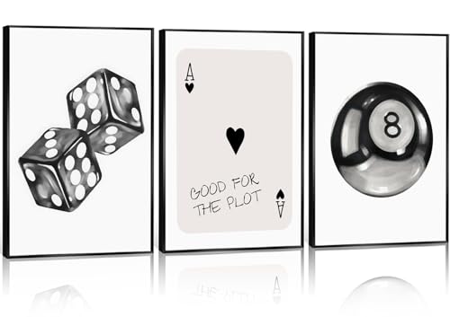 ADKYUVRR 3Pcs Black and White Game Room Wall Art Vintage Dice Ace Of Spades 8 Ball Wall Decor Trendy Poker Billiards Posters Canvas Prints For Man Cave Bar Living Room Bedroom 12x16In Unframed - color: Black and White Poster, size: 16"L x 12"W