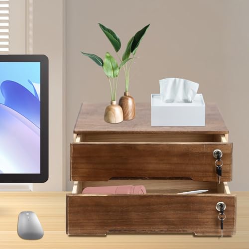 Wooden Desk Organizer with Drawers & Lock, Desktop Countertop Storage Cabinet Lockable Home Office Supplies File Tabletop Organizing Unit (2 Drawer - Retro Walnut) - style: 2 Drawer - Retro Walnut
