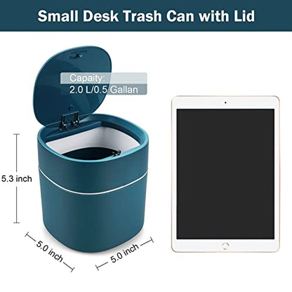 Mini Desk Trash Can with Lid with Trash Bags 180 pcs Press-Top 0.5 Gallon Tiny Countertop Waste Basket Small Table Top Plastic Covered Garbage Bin for Desk Top (Blue) - color: Blue