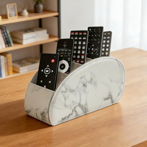 Remote Control Holder with 5 Compartments – [Upgrade Version] PU Leather Remote Caddy Desktop Organizer Store TV, DVD, Blu-Ray, Media Player, Smart Phones, Heater Controllers(Marble white) - color: Marble White
