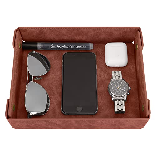 CASIRENA Faux Leather Valet Tray Organizer for Men - Catch-All Tray for Entryway Table Key, Wallet, Watch, Coin Change, Phone, Dresser EDC Dump Jewelry, Bedside Nightstand Desk-top - color: Brown, size: Rectangle