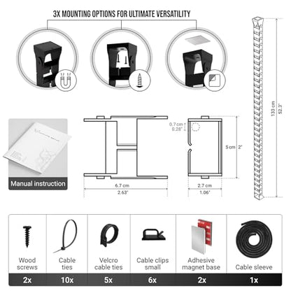 Ultimate Setup Under Desk Cable Management Vertebrae - Perfect for Sit Stand Desk - Wire Management - Adjustable Length - Flexible Cable Spine - Black, 133 cm - color: Black