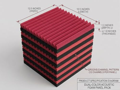 52 Pack Black/red 12 "X 12 "X1" Acoustic Panels Studio Soundproofing Foam(Accompanied By Double-Sided Adhesive Tape) - color: Black/red