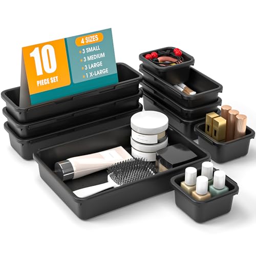 StoreHappily 10 PCS Drawer Organizer Set, 4 Size Makeup Drawer Divider Organizer With Non-Slip Pads, Interlocking Plastic Storage Bins for Office,Jewelry Vanity,Gadgets, Bathroom,Kitchen, Black - color: Black, size: 10Pack