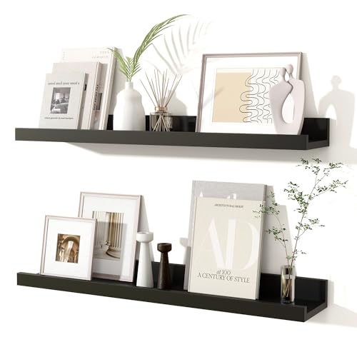 Fun Memories Picture Ledge Shelves Set of 2, 24 Inch Rustic Wall Mounted Floating Shelves with Lip for Home Storage and Décor in Bathroom, Kitchen, Nursery, Bedroom, Living Room, Black - color: Black, size: 24 inch, Set of 2