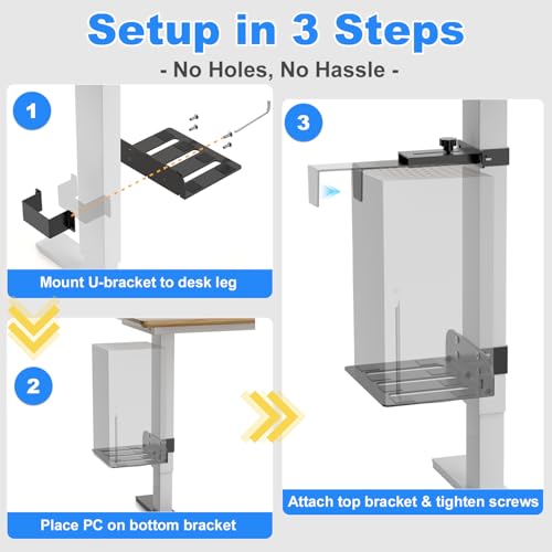 Under Desk PC Mount - No Drilling 40 lb Capacity, Fits 3 Fixed Desk Leg Sizes, CPU Holder Under Desk, Adjustable Clamp-on Desk Leg PC Mount for Standing Desk, with Non-Slip Pads, White - color: White, size: Fits 3 Rect. Leg Sizes