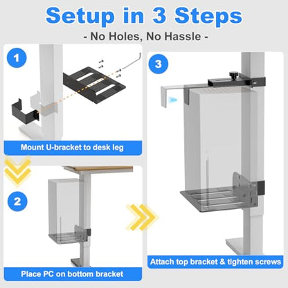 Under Desk PC Mount - No Drilling 40 lb Capacity, Fits 3 Fixed Desk Leg Sizes, CPU Holder Under Desk, Adjustable Clamp-on Desk Leg PC Mount for Standing Desk, with Non-Slip Pads, White - color: White, size: Fits 3 Rect. Leg Sizes