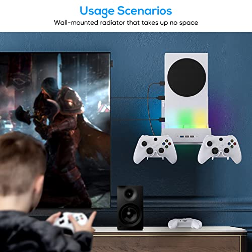 Wall Mount for Xbox Series S, MENEEA Wall Mount Kit Accessories with Adjustable Cooling Fan, RGB LED Light Strip, USB Port, Controller Hook, Secure Fit for Xbox Series S Consoles | White
