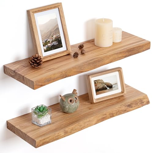 Floating Shelves for Wall Decor, Rustic Solid Elm Wood Live Edge Floating Shelves Wall Mounted, Wall Shelves with Invisible Bracket for Living Room Bathroom Bedroom Kitchen, 24 Inch Set of 2, Natural - color: Natural, size: Live Edge, 24inch, 2Packs