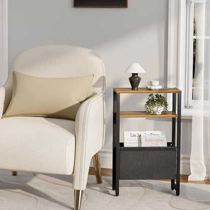 Narrow Side Table, Slim End Table with Magazine Rack, Skinny Bedside Table for Small Spaces, 3 Tier Sofa Couch Table Nightstand for Living Room, Bedroom, Walnut Brown LET503BR - color: Walnut Brown, style: No Charging Station