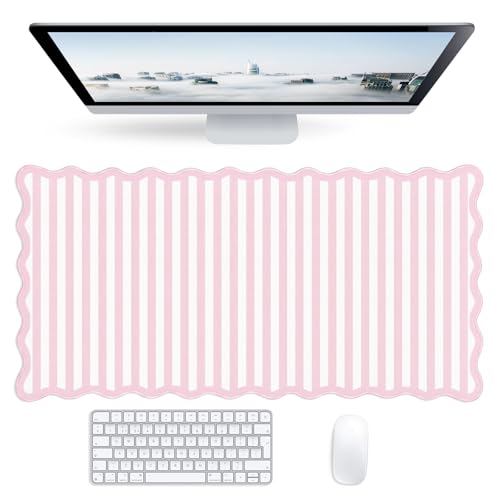 Striped White Pink Scalloped Mouse Pad,Cute Kawaii Stripes Large Desk Mat Non-Slip Rubber Base,Aesthetic Decor Gaming Computer Desk Pad for Office Laptop Mouse Keyboard Pad, 31.5" x 15.7", XL - color: Striped White Pink