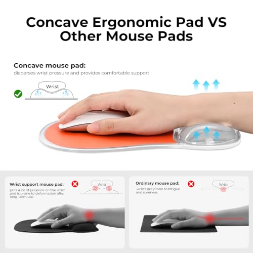 EooCoo Ergonomic Washable Mouse Pad with Gel Wrist Rest Support | Middle Concave Design, Relieve Wrist Pain, Non-Slip Base, Office Desk Accessories - color: Transparent Orange