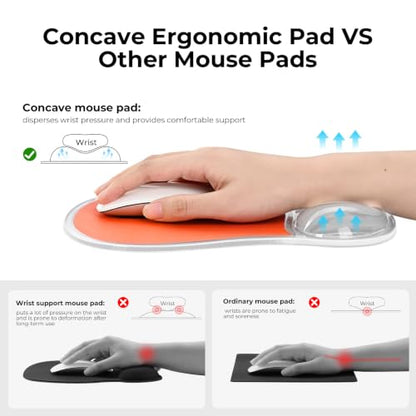 EooCoo Ergonomic Washable Mouse Pad with Gel Wrist Rest Support | Middle Concave Design, Relieve Wrist Pain, Non-Slip Base, Office Desk Accessories - color: Transparent Orange