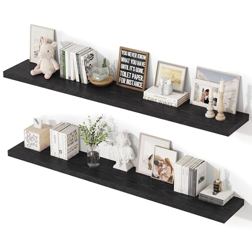 55 Inch Floating Shelves, 12 Inch Deep Floating Shelves for Wall, Extra Deeper & Thicker Wooden Wall Shelf with Invisible Brackets, Shelf for Bedroom Living Room Home Decor（Black, Set of 2） - color: Black, size: 55"W x 12"D x 2"H, Set of 2