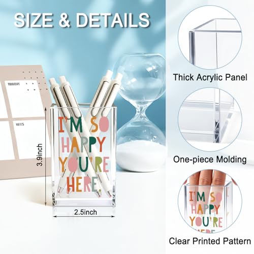 I'm So Happy You're Here Acrylic Cosmetic Pencil Holder Cup, Funny Boho Pen Holder for Women, Home Office Classroom Desk Accessories, Inspirational Gifts for Daughter, Make up Brush Organizer - color: red & pink