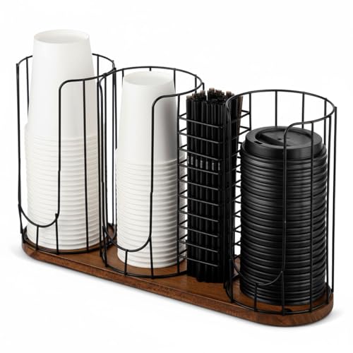 Geelin 18oz Adjustable Coffee Cup Dispenser with Wooden Base, Cup and Lid Holder, Cups Holder Organizer for Coffee Pod Straw and Lid Storage(4-compartment Single,Color 1) - color: Color 1, style: 4-Compartment Single