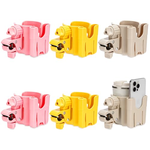 Unittype 6 Pcs Beach Chair Cup Holders with Phone Stand Adjustable Clip on Drink Holders Pink Yellow Beige Portable Cup Snack Stand for Cruise Ship Loungers Pool Chairs Outdoor Seating