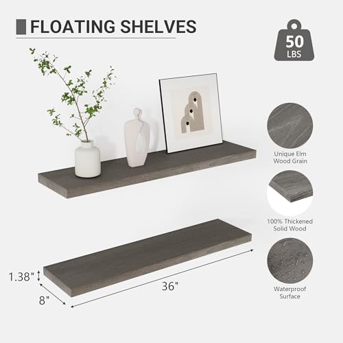 Vivelove Flat Edge Elm Wood Floating Shelf with Invisible Bracket 36”Grey - color: Grey, size: 36”,set of 2