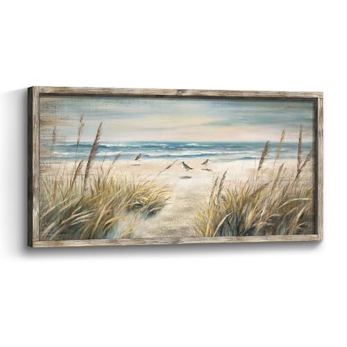 Beach Coastal Framed Wall Art: Ocean Sea Bird Seagull Painting Picture Wooden Peaceful Seaside Sand Seascape Artwork Print Decor for Bedroom Living Room Office - color: Beach 03, size: 40"L x 20"W