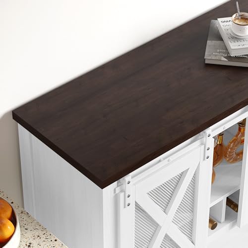Farmhouse Sideboard Buffet Cabinet With Sliding Barn Doors – Coffee Bar Console Table Featuring Open Storage Shelf & Wine Racks, Entryway Table for Kitchen, Dining Room, Hallway, 46.5” （White & Brown）